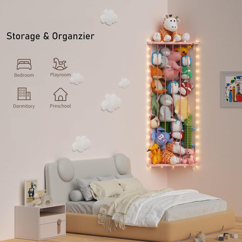 GGUO Hammock Corner Stuffed Animal Storage Net - Stuffed Animals Holder with Lights - Plush Toy Organizer Hanging