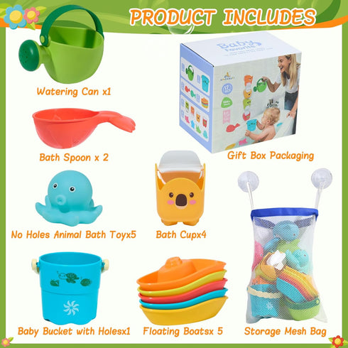 17PCS 1-3 2-4 1+ Mold Free Bath Toys, | Easy Clean Easy-Grip Baby Bath Toys for Kids Ages | Bath Boats Cups Watering
