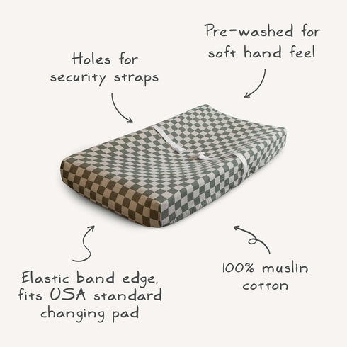 mushie Natural Check Extra Soft Muslin Fitted Changing Pad Cover