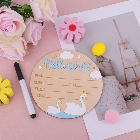 Penitue 5.9in Baby Announcement Sign, Wood Newborn Welcome Baby Name Sign with Pen Hello World Birth Announcement