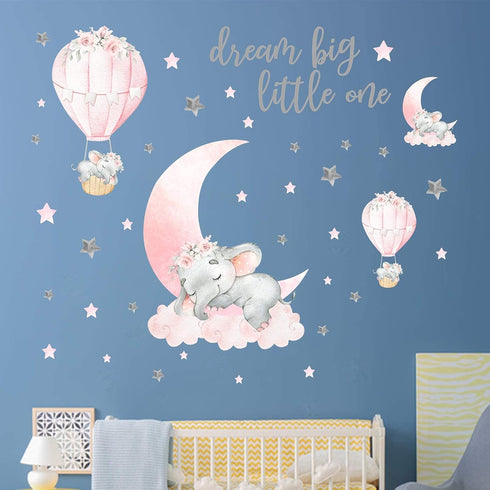 Yovkky Girls Sleeping Elephant Dream Big Nursery Wall Decals, Watercolor Pink Moon Hot Air Balloon Grey Star Decor