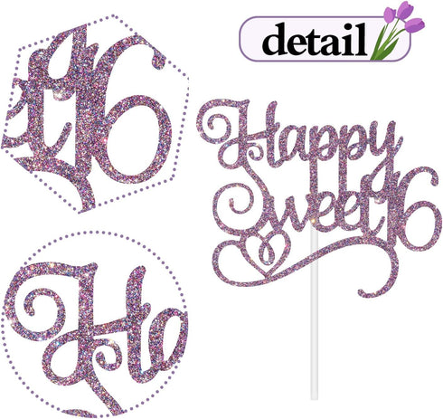 Happy Sweet 16 Cake Topper - Sweet 16 Birthday Decorations for Girls/Boys in Purple Glitter