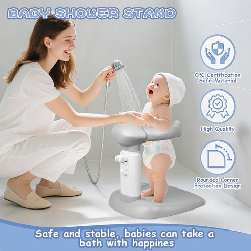 6 Anti-Pinch Adjustable Baby Bath Stand with Anti-Slip Base, Sturdy Baby Stand Up Shower, Huggable Bear Stand Bath