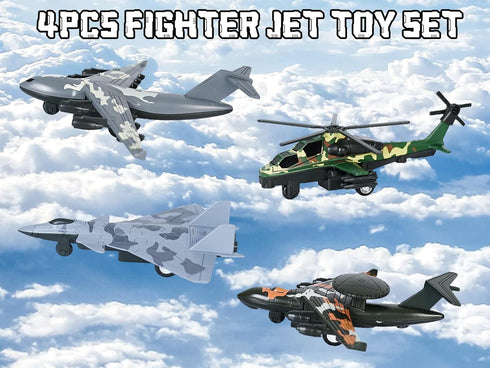 4PCS Army Airplane Toys Set-Diecast Aircraft Plane Model Kit Military Fighter Jet Playset Helicopter Camouflage Pull Back Aircraft Kids Play Vehicle for 3+Year Old Boys Girls