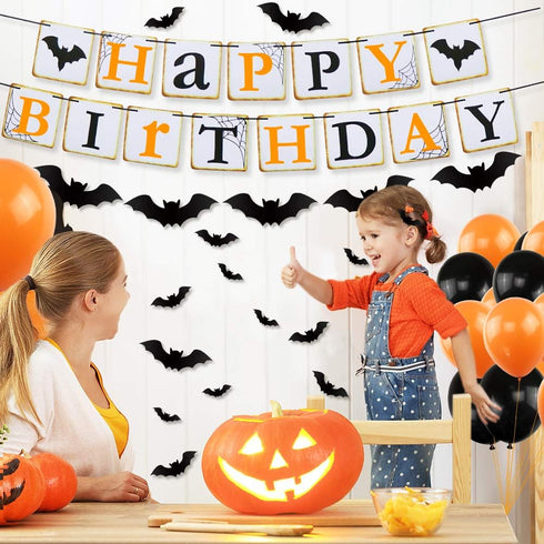 Halloween Party Decorations - Orange Black Latex Balloons, Happy Birthday Banner, 32pcs Black Vampire Bats