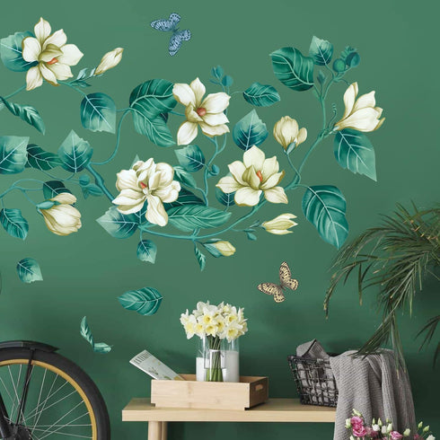 Amaonm Removable DIY 3D White Floral Leaf Art Decor, Blue Flower Vine Wall Sticker for Kids Room, 4 Sheets 12"x18"