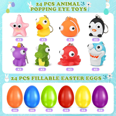 24 Pack Prefilled Easter Eggs with Animal Popping Eyes Toys, Squeeze Toys with Popping Eyes for Easter Hunt, Basket