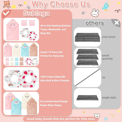 Sublaga 14 Set, 4 32x32 8 2 Pcs Baby Towels, Soft Baby Towel and Washcloths Pcs in Hooded Bath Towel, Pcs Baby