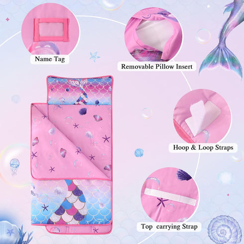 Wowelife Toddler Nap Mat Mermaid with Pillow, Pink Purple Mermaid Sleeping Bag for Girls, Preschool Nap Mats