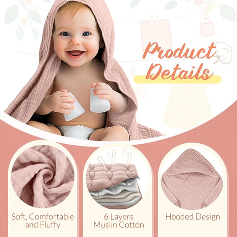VitalCozy 8 Pcs Baby Muslin Hooded Bath Towels and Washcloths, Muslin Hooded Baby Towels Absorbent Blankets for Gift