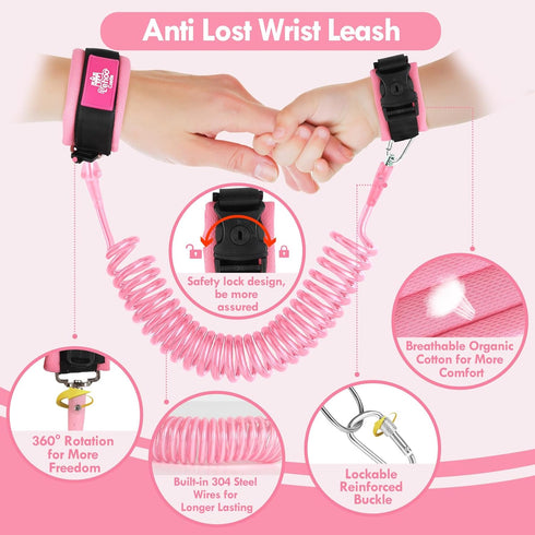 Lehoo Castle 3 in 1 Baby Leash for Toddlers, Anti Lost Wrist Link with Key Lock Design (Pink Butterfly)