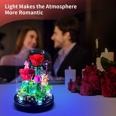 Water Bottle Sets 593 Flower Bouquets Building with LED String Light and Dust Cover, Pcs Flower Mini Brick Block, Red