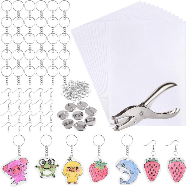 ASTARON 181Pcs Shrinking Plastic Sheets Kit with 20 Shrinking Film Art Paper and 161 Pcs Keychains Making Accessories