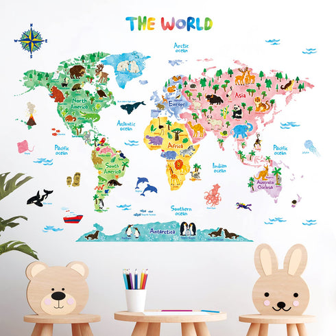 DECOWALL SG2-1615S Animal World Map Kids Wall Decals, Peel and Stick Removable Stickers for Nursery and Bedroom