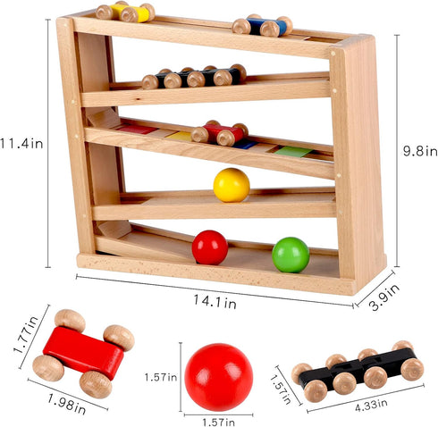 Qilay Wooden Race Track Car Ramp Racer Toy for Toddlers, 5 Level Race Car Ramp Set with 4 Wood Cars and 3 Balls, Great