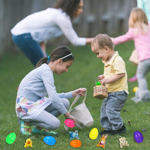 12 Pack JIALWEN Filled Easter Eggs with Plush Animal, Easter Basket Stuffers Plastic Easter Eggs Prefilled Surprise