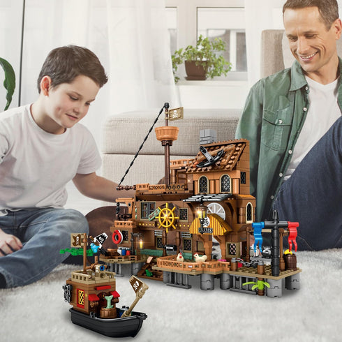 RiceBlock Sets 8-12, 573 Pirate Ship Building Toys, Pirate Wharf Themed City Store Building Bricks for Boys Age Pieces