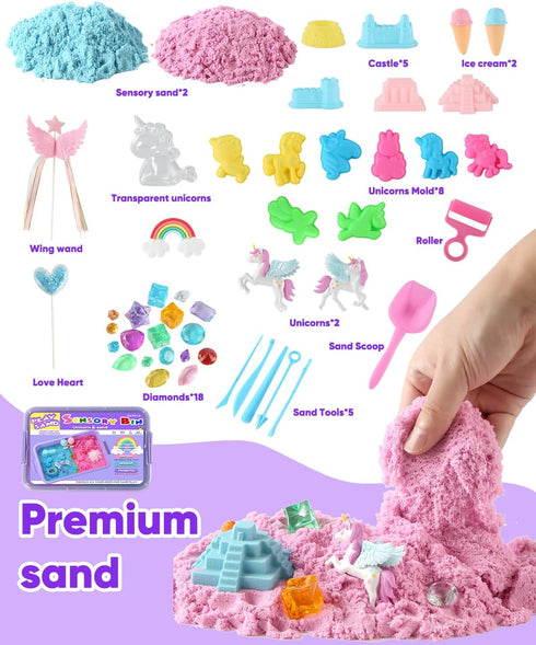 sikmcle 3-8 Unicorn Sensory Bin Play Sand Kit for Girls Moulds Toddler Sand Art Kit with Sandbox for Kids for Toddlers