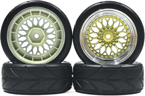 4PCS/Set 64mm Rubber Tires & Plating Plastic Wheels Rims for 1/10 RC On-Road Touring Car Racing (Gold, Offset 9mm)