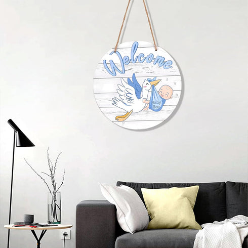 Penitue Baby Welcome Sign, Gender Reveal Wooden Hanging Hello World Wreath Newborn Name Birth Announcement Board
