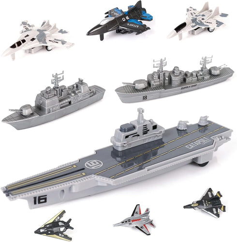 Crelloci Aircraft Carrier Military Naval Ship with Pull Back Army Fighter Jet