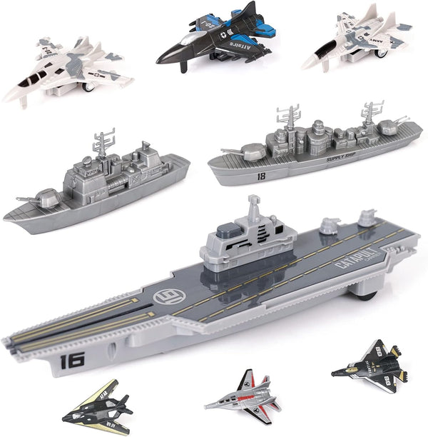 Crelloci Aircraft Carrier Military Naval Ship with Pull Back Army Fighter Jet
