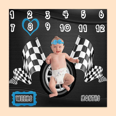 Racing Baby Monthly Milestone Blanket, Boy Racer Car Tires, Unisex 1 to 12 Months, Includes 4 Frames & 1 Headband