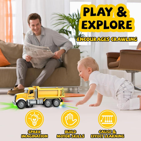1 2 3 4 5 6 Car Toys for Toddlers, Dump Truck Toy with Self-Lifting Bed, Lights Music Toy Trucks Construction Vehicle