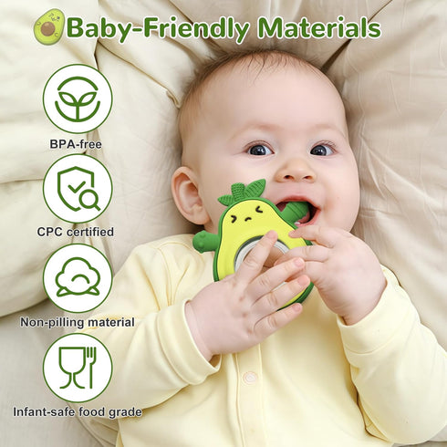 0-3-6-12 MISSLILI Teething Toy for Babies, Silicone Avocado Shape with Rattle Teether for Infants Months, Sensory Chew