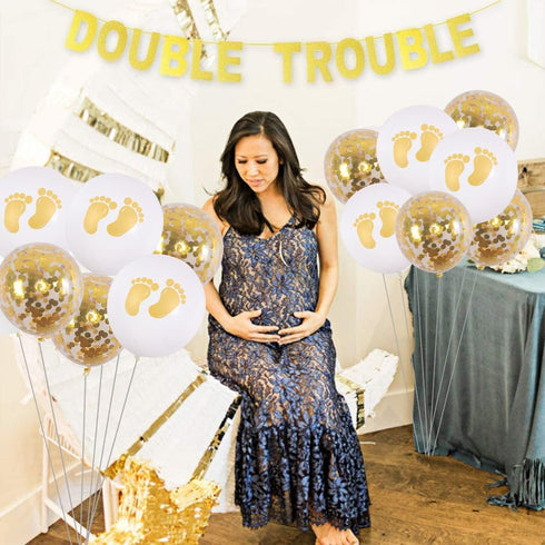 JOYMEMO Twins Baby Shower Decorations Set, Gold Theme, Double Trouble Banner, OH BABIES Balloons