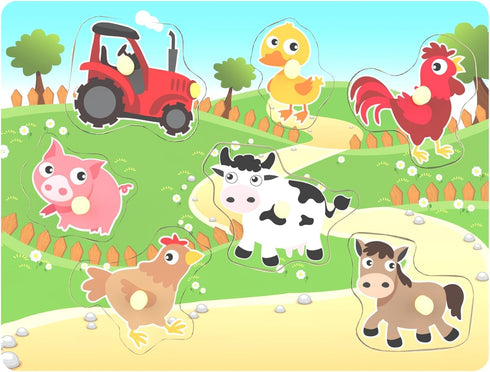 7Pieces Wooden Puzzles Farm Chunky Baby Puzzles Peg Board, Full-Color Pictures for Preschool Educational Jigsaw