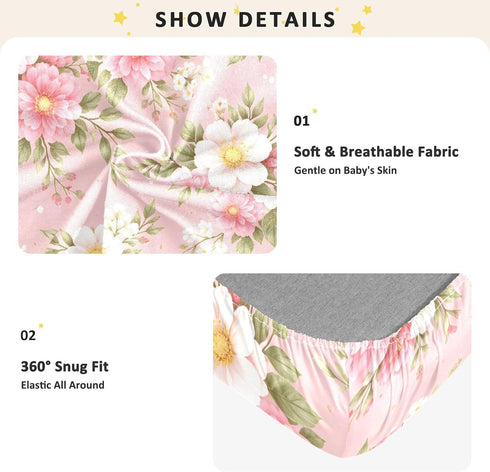 CZXW 52" 28" Pink Flowers Botanical Crib Sheets Fitted x Natural Cotton Soft & Breathable for Baby Crib Mattress