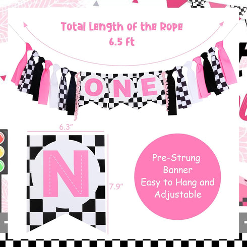 1st JOYMEMO Fast One Birthday High Chair Banner - Pink Black Race Car Birthday Party Decorations, Girl, One Year Old