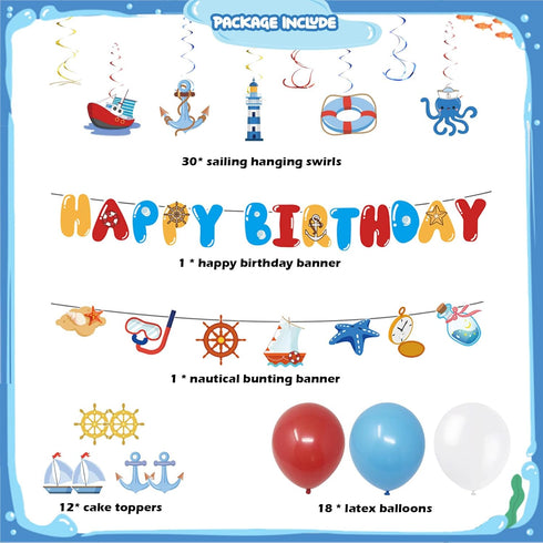 PRATYUS Nautical Party Decorations for Boys, Girls, Adults - Anchor Sailboat Theme Supplies with Banner, Cake Topper,