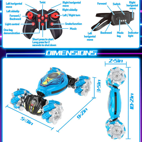 Gesture Sensing RC Stunt Car, 2.4GHz Remote Control Toys with Light Music, 360° Rotation for Kids Age 3-8