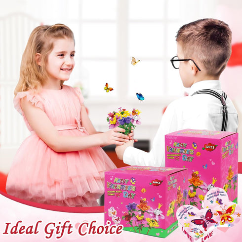 30PCS 6 PARSUP Valentines Day Gifts for Kids, Different Artificial Flower Building Block with Valentines Gift Boxes