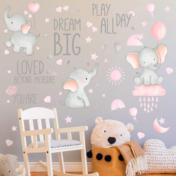 Outus 7 Pcs Dream Big Little One Elephant Nursery Wall Stickers Wall Decor
