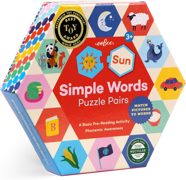 eeBoo Hexagon Puzzle Pairs, Simple Words, 33 Pairs for Pre-Reading Activity, Educational for Kids Ages 3+