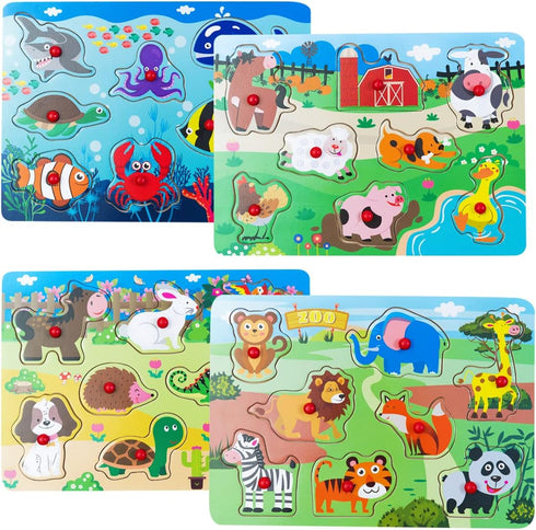 Peg Puzzle Set of 4 (32 pcs), Wooden Knob Puzzles for Toddlers