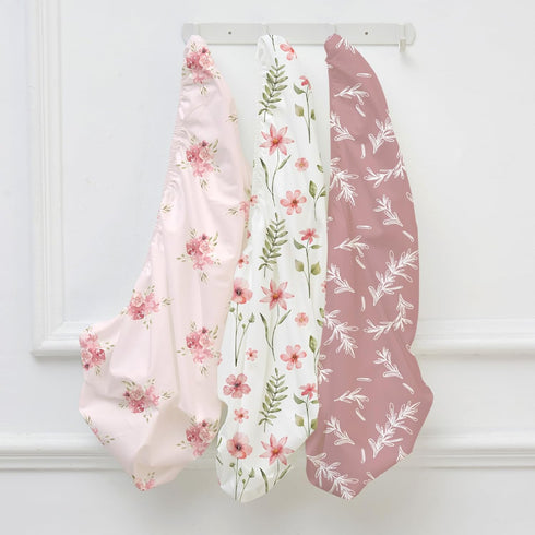 47"x24", 3 Pack Nap Mat Sheet Pink Floral Baby Crib Sheets Fitted Elastic Corners, Preschool Day Care Rest Mat Cover