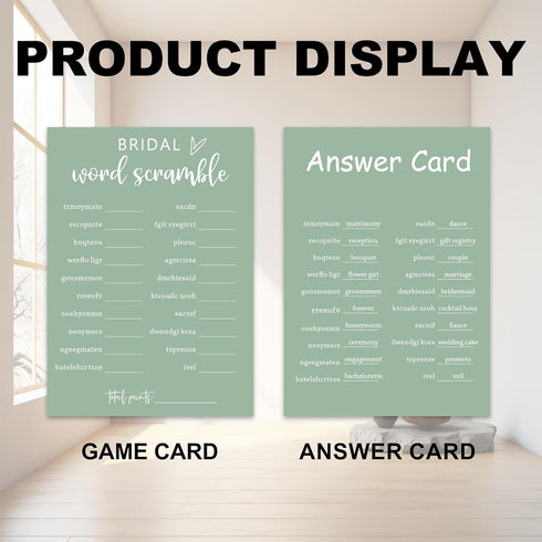 Green Theme Bridal Shower Games for 25 Guests, Bridal Word Scramble with Answer Card, Wedding Reception Party Supplies