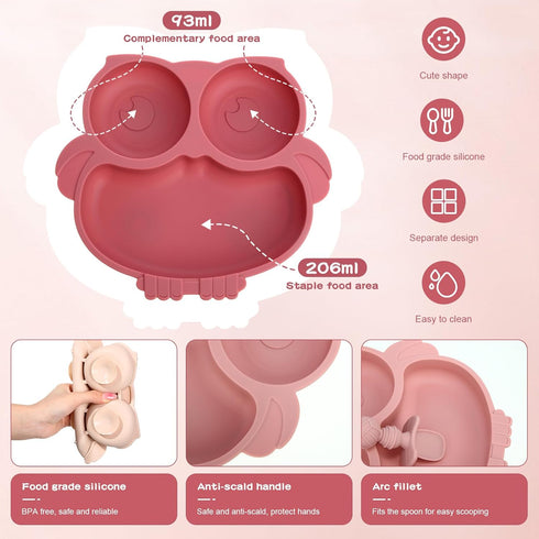 3 Sets Suction Plate for Baby, Silicone Owl Shape Toddler Plates with Spoon and Fork, Microwave Safe
