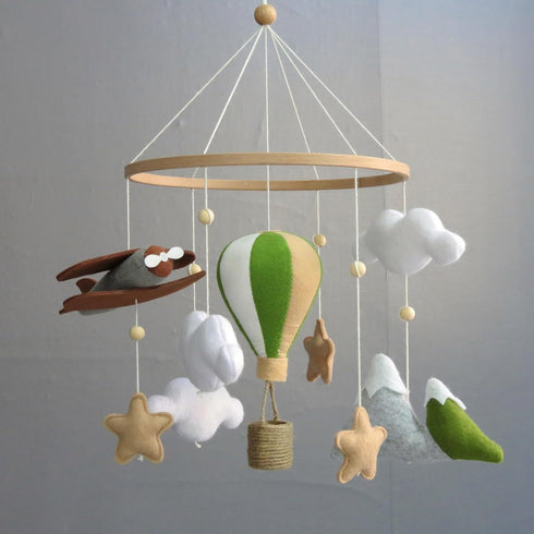 Goukurlsma Handmade Felt Baby Mobile for Crib Boys, Adventure Theme Crib Toys Hanging with Airplane & Hot Air Balloon