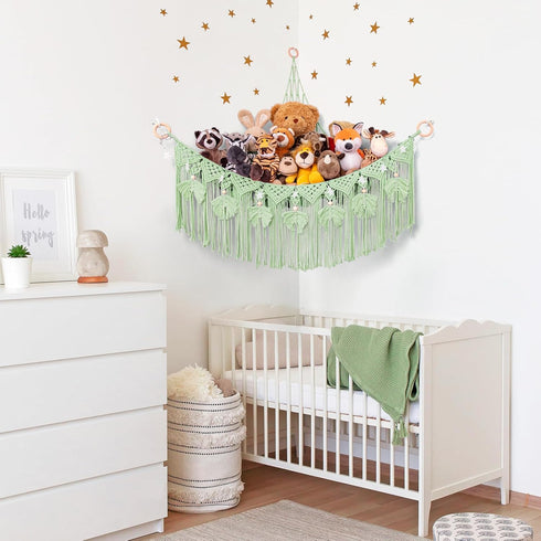 Hammock ANROYE Macrame Stuffed Animal Storage with Star Light, Bear Green for Girls Room Decor, Corner Hanging Mesh