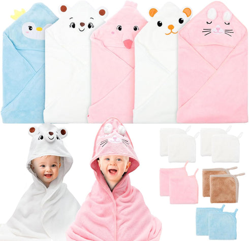kjcbkcb 15 Pcs Baby Bath Towel Set Soft and Absorbent Includes 5 Hooded