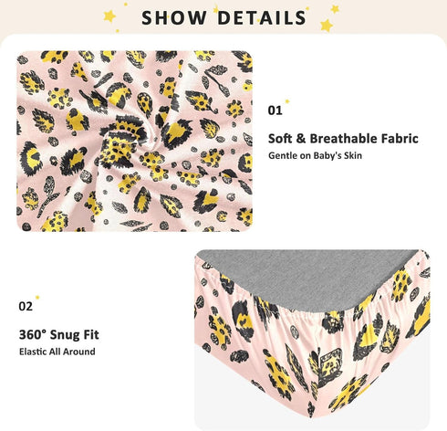 CZXW 52" 28" Leopard Yellow Pink Crib Sheets Fitted x Natural Cotton Soft & Breathable for Baby Crib Mattress