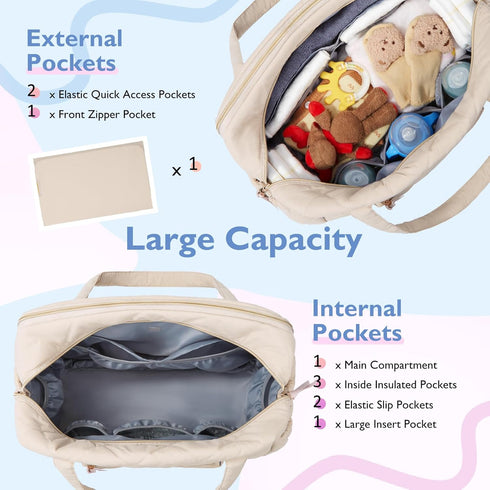 mommore 2 Diaper Bag Tote Large Expandable Baby Travel Tote for Kids Twins, Quilted Hospital Bag for Mom, Weekender