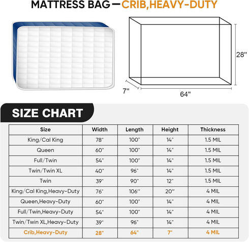 4 Crib Mattress Storage Bag Heavy-Duty Mil Thick Waterproof Moving Bag Strong, Tear-Resistant Protective Cover for Baby