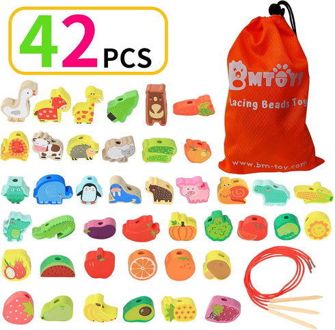 BMTOYS Montessori Educational Threading Toys, Wooden Stringing Farm Animals, Fruits Lacing Beads Preschool Toy for