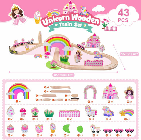Set 43PCS Sets SIMPLIPLAY Wooden Train - Unicorn Magnetic Toy Train with Wooden Train Tracks & Bridge for Girls